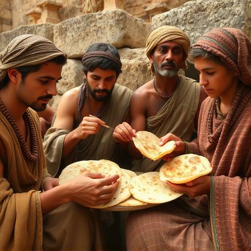 Antica raffigurazione di persone che preparano e consumano focacce schiacciate.