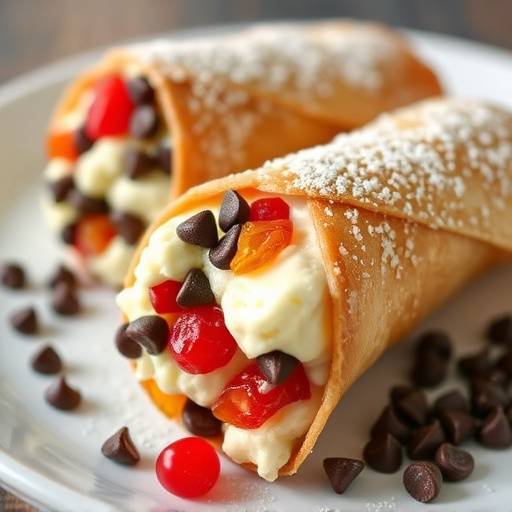 Cannoli siciliani ripieni di ricotta e guarniti con canditi e gocce di cioccolato