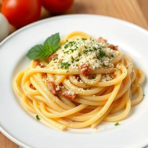 Piatto di pasta alla carbonara con testo alternativo descrittivo per non vedenti