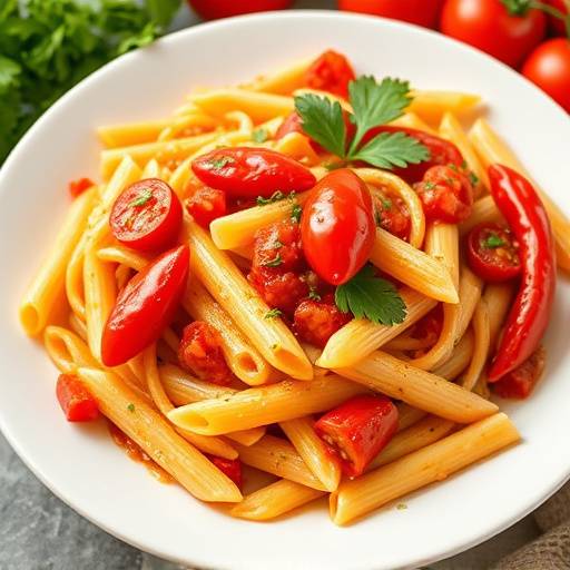 Piatto di Penne all'Arrabbiata con pomodoro fresco, peperoncino e prezzemolo