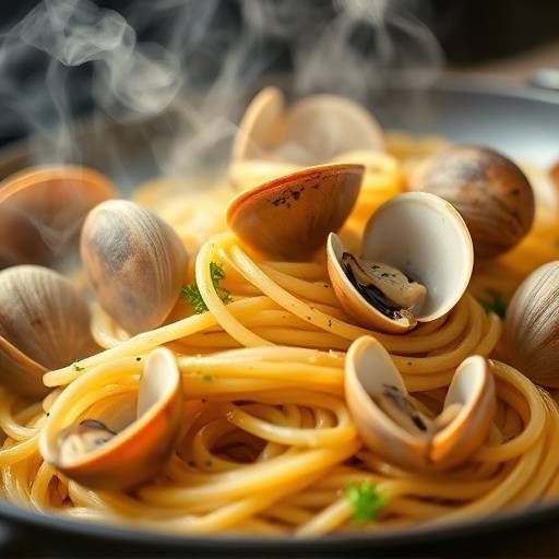 Piatto di spaghetti alle vongole fumante