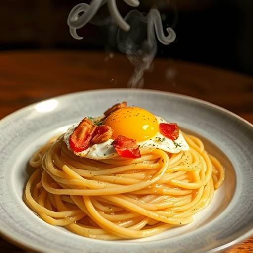 Piatto fumante di Spaghetti alla Carbonara, con tuorlo d'uovo cremoso e guanciale croccante