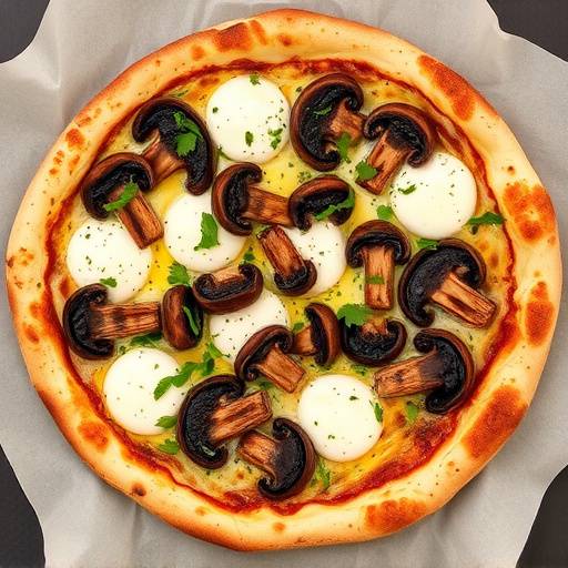 Pizza ai Funghi con funghi porcini, mozzarella, prezzemolo e un filo d'olio al tartufo.