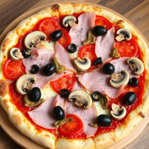 Pizza Capricciosa con pomodoro, mozzarella, prosciutto cotto, funghi, carciofi e olive.