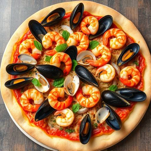Pizza con frutti di mare freschi, tra cui cozze, vongole, gamberi e calamari.