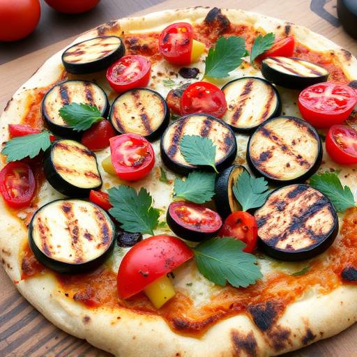 Pizza con verdure grigliate, tra cui zucchine, melanzane, peperoni e pomodorini.