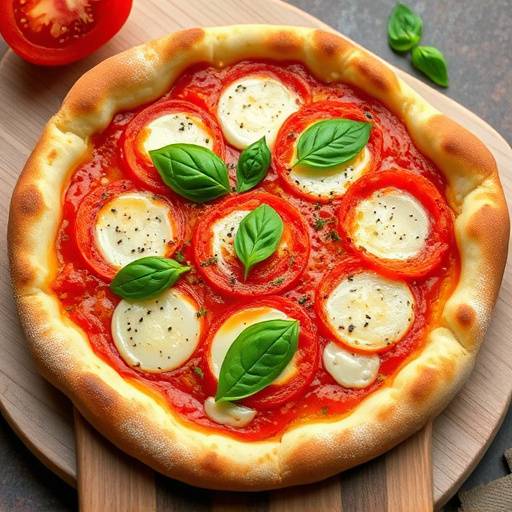 Pizza Margherita appena sfornata con basilico fresco.