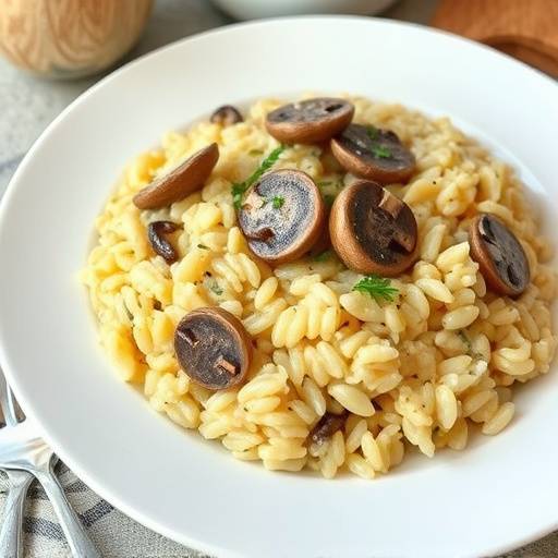 Risotto ai Funghi Porcini cremoso in un piatto bianco.