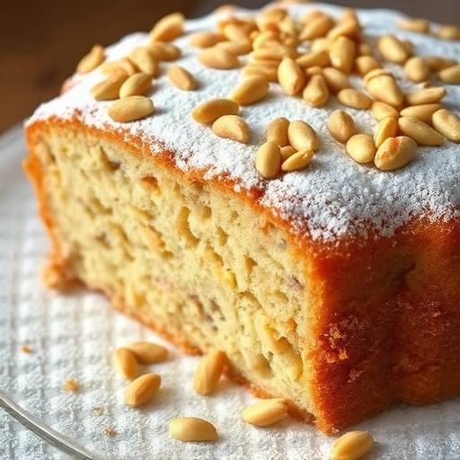 Un'invitante torta della nonna cosparsa di pinoli e zucchero a velo