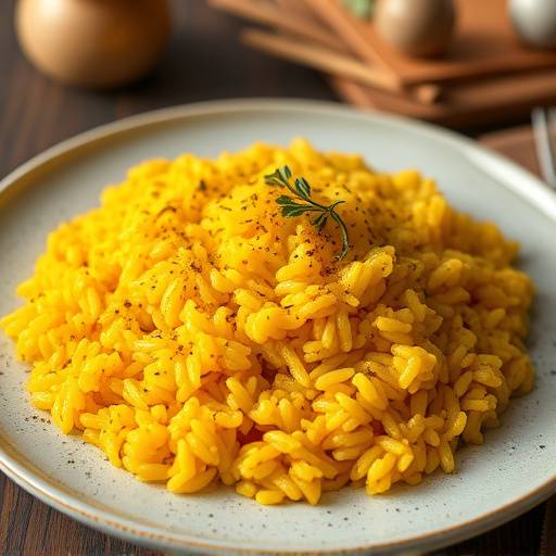 Un piatto di risotto alla milanese, dal caratteristico colore giallo intenso dovuto allo zafferano.