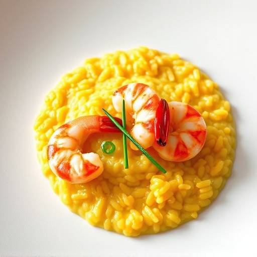 Un piatto di risotto giallo con gamberi rossi cotti, guarnito con erba cipollina.