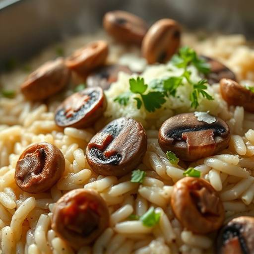 Un piatto fumante di risotto ai funghi, guarnito con prezzemolo fresco e una spolverata di parmigiano.