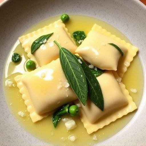 Un primo piano di Ravioli ripieni di ricotta e spinaci, conditi con burro fuso e salvia fresca