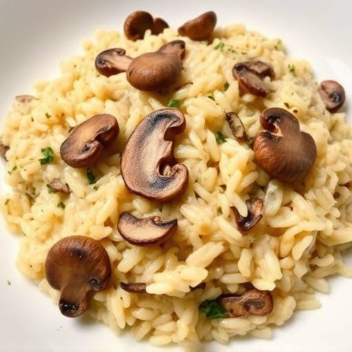 Un primo piano di un risotto ai funghi porcini, con pezzi di funghi ben visibili e una consistenza cremosa.
