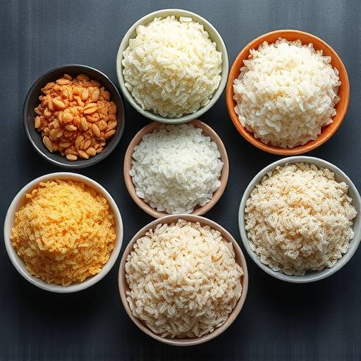 Una vista dall'alto di diverse tipologie di riso, come Carnaroli, Arborio e Vialone Nano, disposte in piccole ciotole.