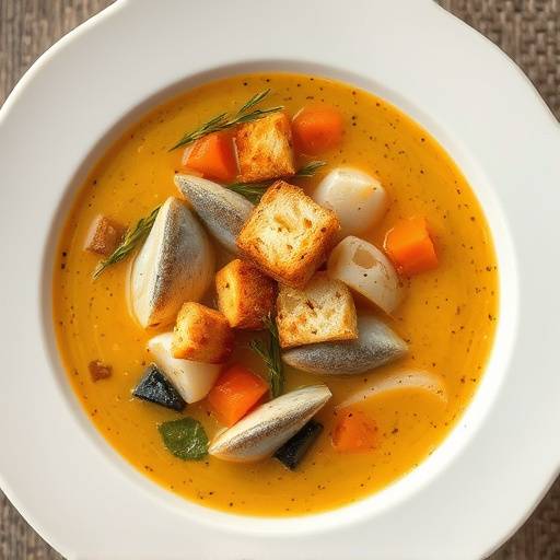 Zuppa di pesce con crostini di pane tostato